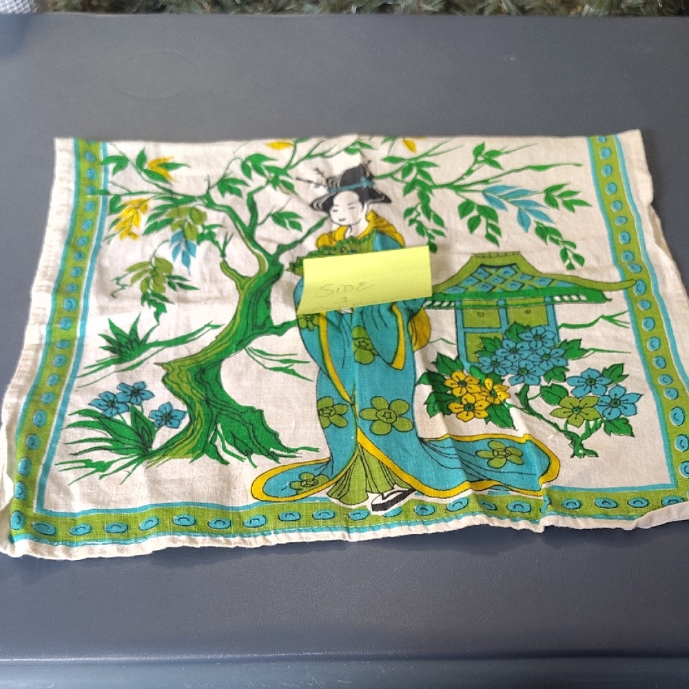 Vintage Tea Towel With Japanese Geisha in Garden 1970's EUC